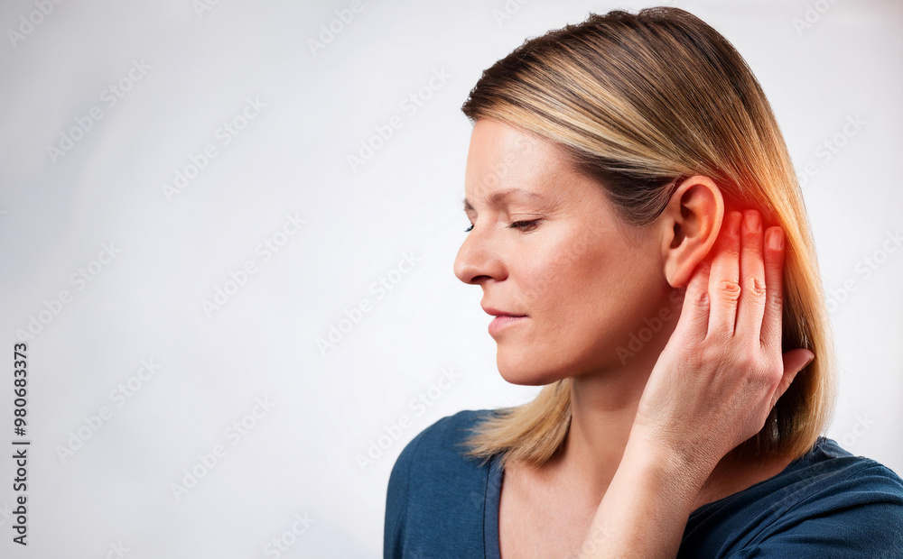 A Caucasian woman pressing her hand against her ear, having pain due to an ear infection or headache with an annoyed and unhappy facial expression because of pain. A Caucasian woman pressing her hand against her ear, having pain due to an ear infection or headache with an annoyed and unhappy facial expression because of pain.