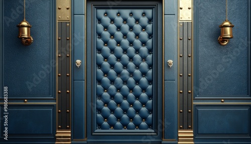 Blue and Gold Door with Upholstered Paneling photo