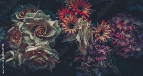 Vintage artificial flowers in a dark and moody setting. #980683538