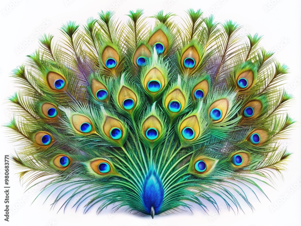 Obraz premium Vibrant peacock feather spreads majestically across a clean white background, showcasing its stunning iridescent blues and greens in a mesmerizing display of natural beauty.
