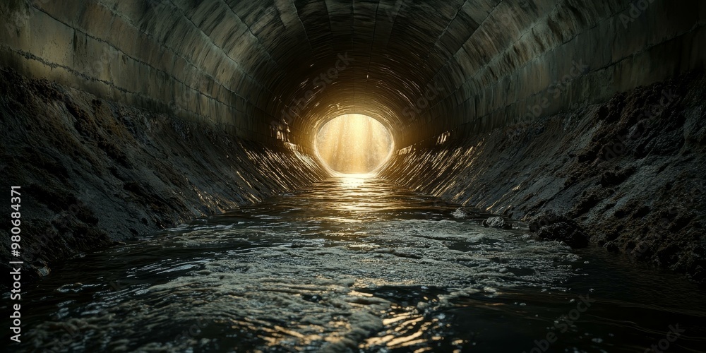 Fototapeta premium Dark tunnel with water flowing towards light.