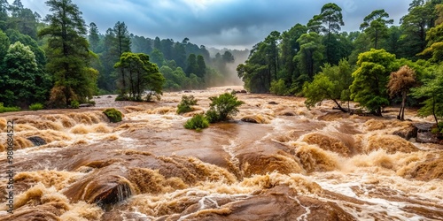 Torrential downpour deluges forest landscape, causing rivers to overflow and merge with pooling water, sparking catastrophic runoffs and devastating environmental chaos.