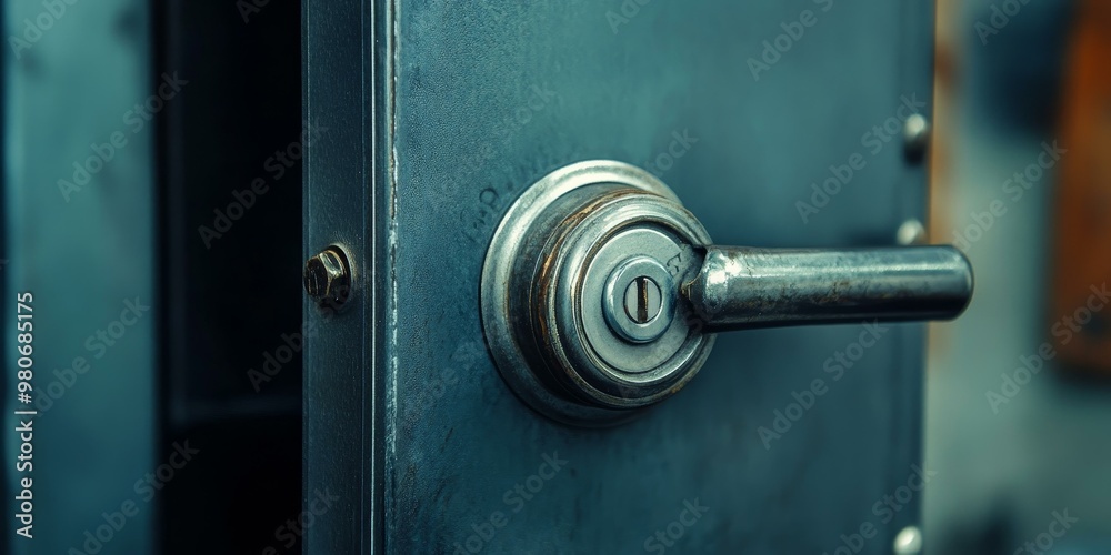 A metal door with a silver handle. A metal door with a silver handle.