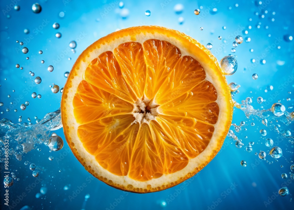 Vibrant close-up shot of a fresh juicy orange slice glistens with water droplets against a bright blue background exuding freshness and summery feel. Vibrant close-up shot of a fresh juicy orange slice glistens with water droplets against a bright blue background exuding freshness and summery feel.