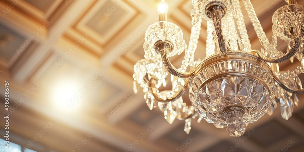 Crystal chandelier hanging from a ceiling. Crystal chandelier hanging from a ceiling.