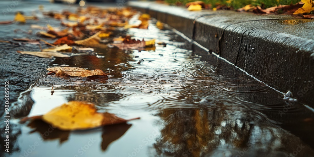 Autumn leaves floating on a puddle of water. Autumn leaves floating on a puddle of water.