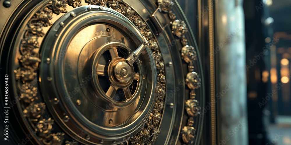 Ornate metal vault door with a handle.