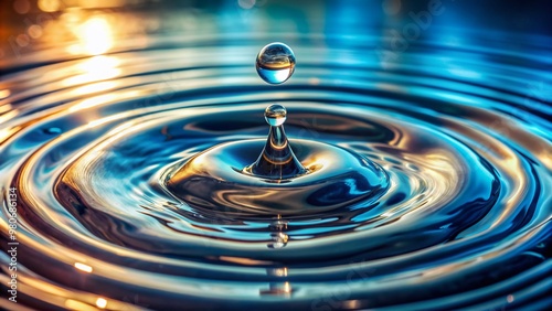 Sparkling clear water droplet creates mesmerizing circular ripples on impact, symbolizing hydration, water conservation, and ecological harmony in a stunning close-up splash photography.