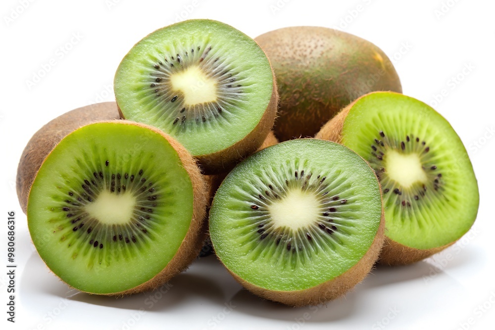 Whole and sliced kiwis spread across a white background, their green flesh and brown skin creating a bold, fresh contrast Whole and sliced kiwis spread across a white background, their green flesh and brown skin creating a bold, fresh contrast
