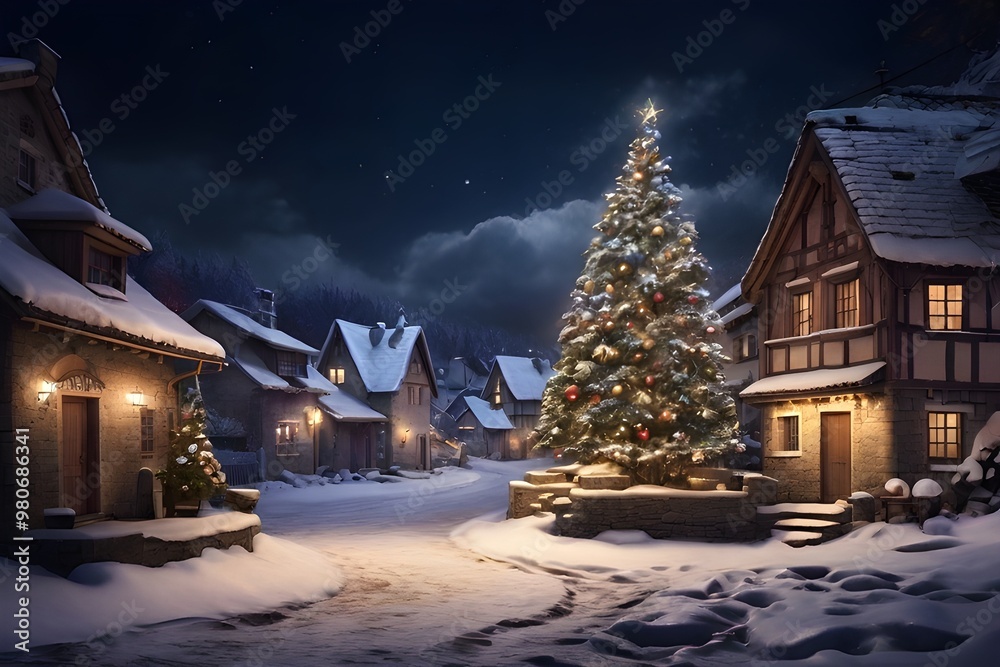 Charming Snow-Covered Holiday Village with Cozy Cabin and Christmas Decorations for a Peaceful Winter Scene Charming Snow-Covered Holiday Village with Cozy Cabin and Christmas Decorations for a Peaceful Winter Scene