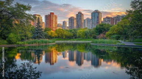 A serene park scene with a pond reflecting city buildings and lush greenery at sunset.