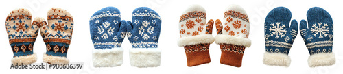 Colorful knitted mittens displayed winter warmth and cozy fashion transparent background photo