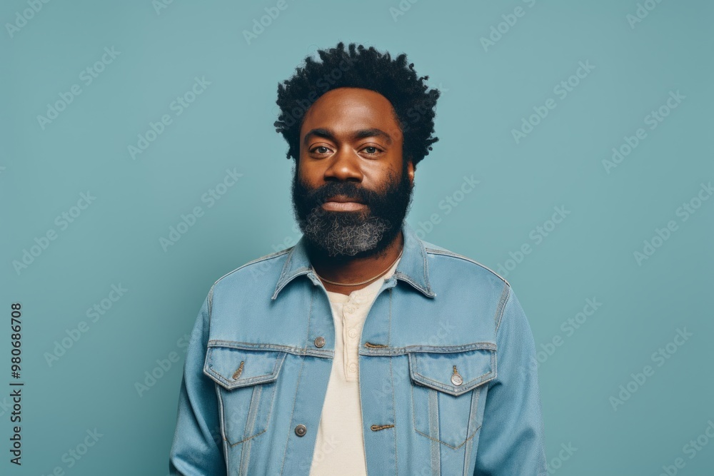 Portrait of a content afro-american man in his 40s sporting a rugged denim jacket in front of pastel teal background Portrait of a content afro-american man in his 40s sporting a rugged denim jacket in front of pastel teal background
