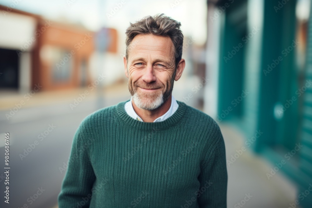 Portrait of a smiling man in his 40s dressed in a warm wool sweater on pastel teal background Portrait of a smiling man in his 40s dressed in a warm wool sweater on pastel teal background