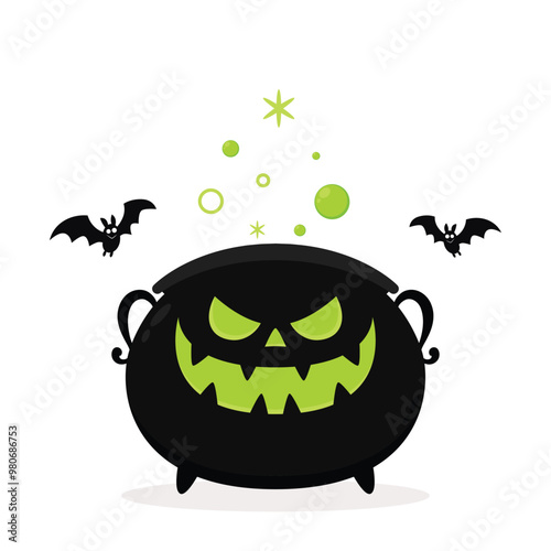 Pumpkin face on kettle. Witch cauldron, Halloween magic pot with green potion. Vector steel boiler with boiling magic brew or steaming goo. Cartoon kettle with poison.
