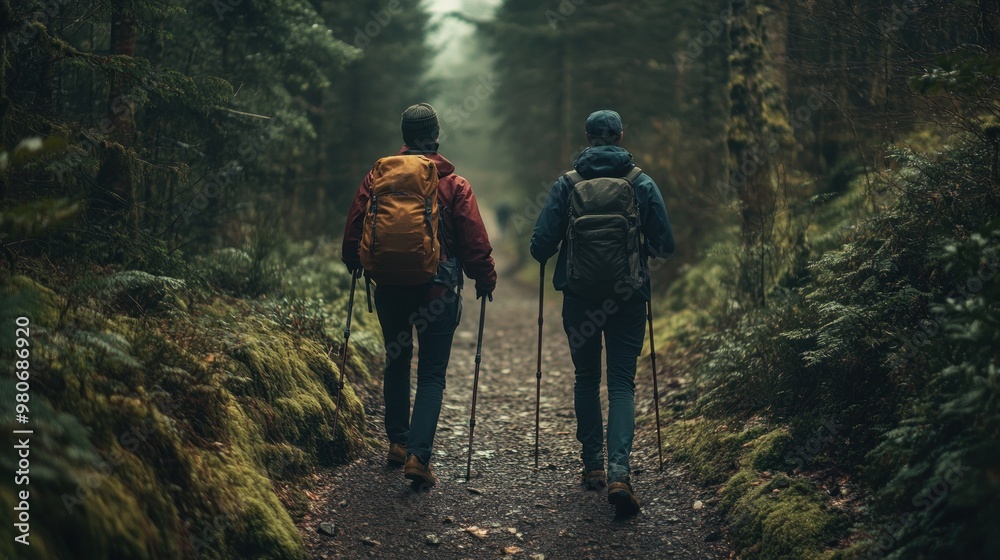 Obraz premium Two hikers walking on a forest trail surrounded by greenery and mist.