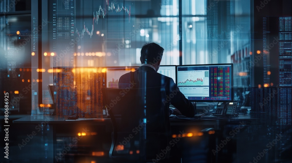 A professional analyzing data on multiple screens in a modern office setting. A professional analyzing data on multiple screens in a modern office setting.
