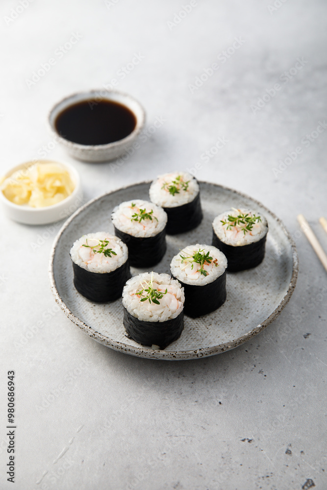 Traditional sushi rolls with shrimps Traditional sushi rolls with shrimps