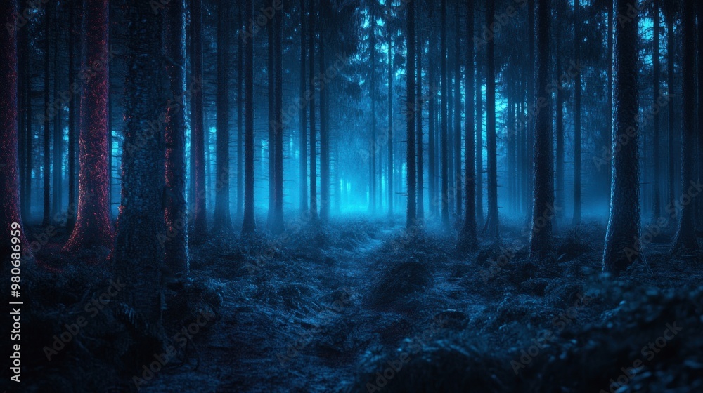 Fototapeta premium A mystical forest scene illuminated by blue and red lights, creating an eerie atmosphere.
