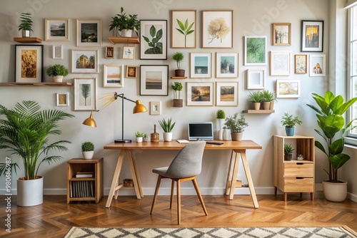 Modern wall collage in a cozy home office features a harmonious blend of inspiring quotes and artistic prints, fostering a productive and motivational workspace atmosphere.