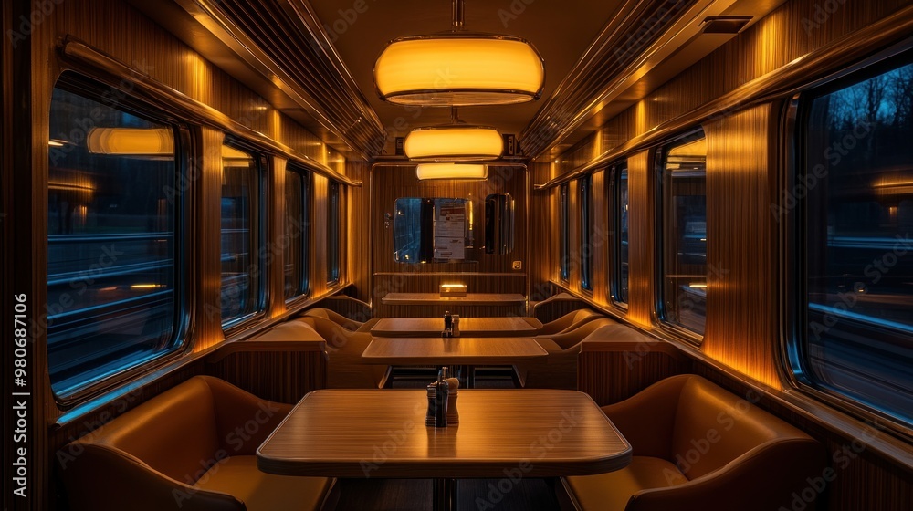 A cozy, dimly lit dining area in a train, featuring wooden paneling and comfortable seating. A cozy, dimly lit dining area in a train, featuring wooden paneling and comfortable seating.
