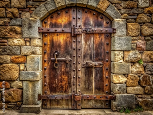 Rugged stone wall backdrop features distressed metal door with intricate vintage design, rusty hinges, and old-fashioned iron hardware, exuding medieval fantasy ambiance. photo