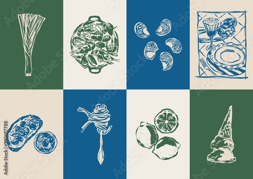Minimal Italian cuisine vector illustration collection. Food and beverages doodles.
