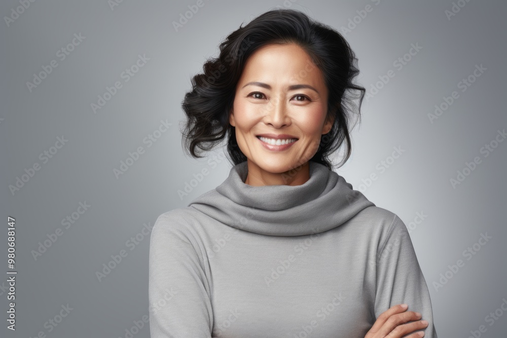 Portrait of a satisfied asian woman in her 40s wearing a classic turtleneck sweater isolated on pastel gray background Portrait of a satisfied asian woman in her 40s wearing a classic turtleneck sweater isolated on pastel gray background