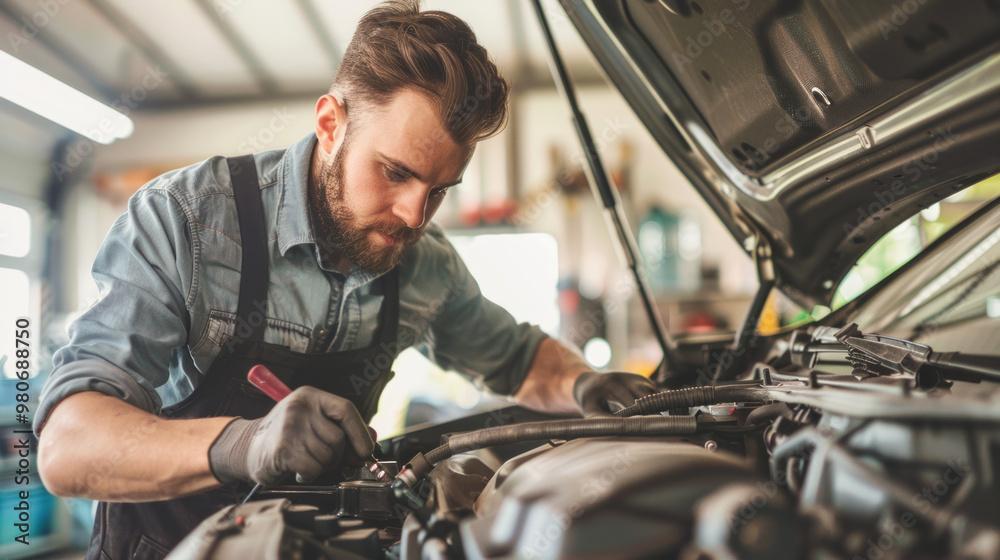 A mechanic working under the hood of a car in a well-lit garage during the day