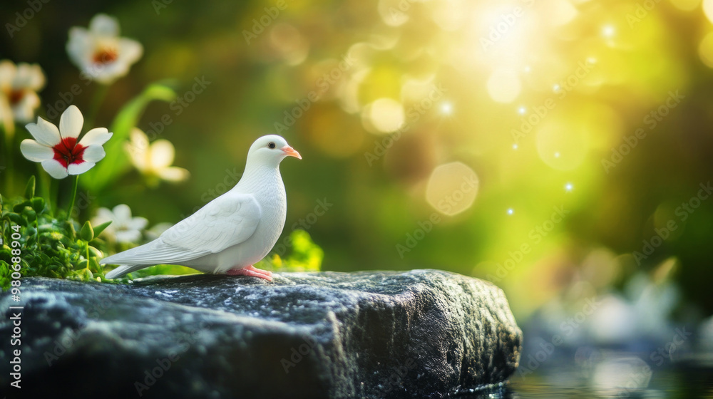 A serene white dove stands gracefully on a stone by a tranquil stream surrounded by flowers in a sunlit, peaceful garden A serene white dove stands gracefully on a stone by a tranquil stream surrounded by flowers in a sunlit, peaceful garden