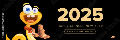 Happy Chinese New Year 2025 wide banner vector design with cute and elegant golden snake and golden coins isolated on black. Cartoon snake with scarf symbol of 2025 lunar year. New year illustration