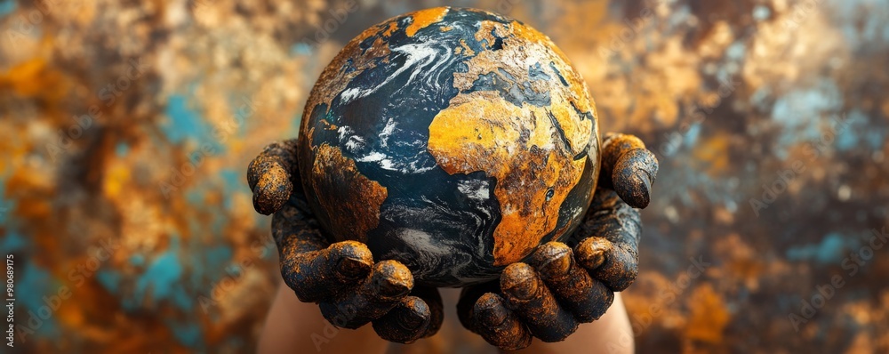 Global Environmental Crisis: Hands Holding Oil-Covered Globe Symbolizing Fossil Fuel Impact