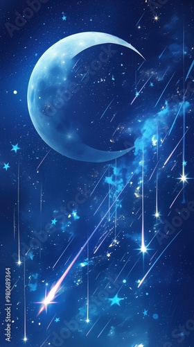 Big moon on cosmic vertical dark blue background with starfall, stars and planets.