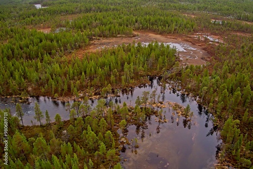 Aerial view of river at Ovre Pasvik National Park with tree reflections on surface on a cloudy spring day, Norway. photo