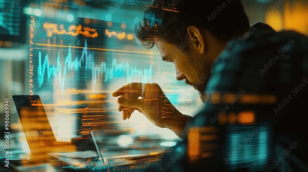 A focused individual analyzes data on a laptop, surrounded by digital graphics. A focused individual analyzes data on a laptop, surrounded by digital graphics.