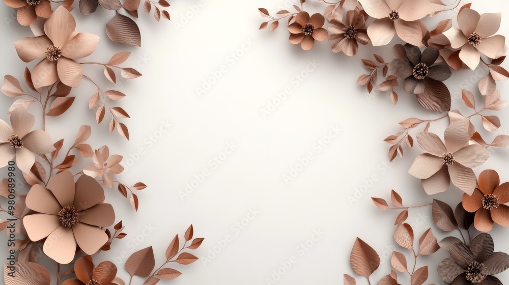3D render of a white background with brown and beige paper flowers, 3D render of a white background with brown and beige paper flowers,
