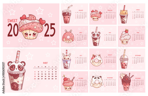 Sweet calendar 2025. Cute kawaii character donut, cupcake and milk shake, bubble tea. Vector horizontal monthly printable planner organizer. Cover and 12 month pages English. Week from Sunday