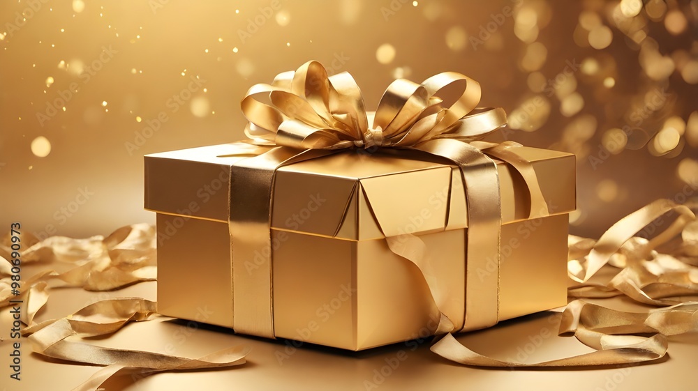 Beautifully wrapped gold gift box with a bow, symbolizing luxury and celebration, perfect for special occasions Beautifully wrapped gold gift box with a bow, symbolizing luxury and celebration, perfect for special occasions