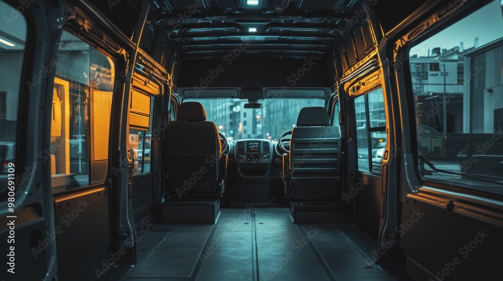 Interior view of a van showcasing seating and dashboard in a modern urban setting. Interior view of a van showcasing seating and dashboard in a modern urban setting.