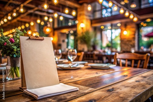 Wallpaper Mural Elegant blank menu on a rustic wooden table in a stylish restaurant, with a blurred bohemian-inspired background, providing ample copyspace for text or design. Torontodigital.ca