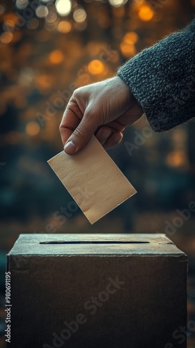 Hand holding a paper is seen placing it into a slot of a box, against a blurred background
