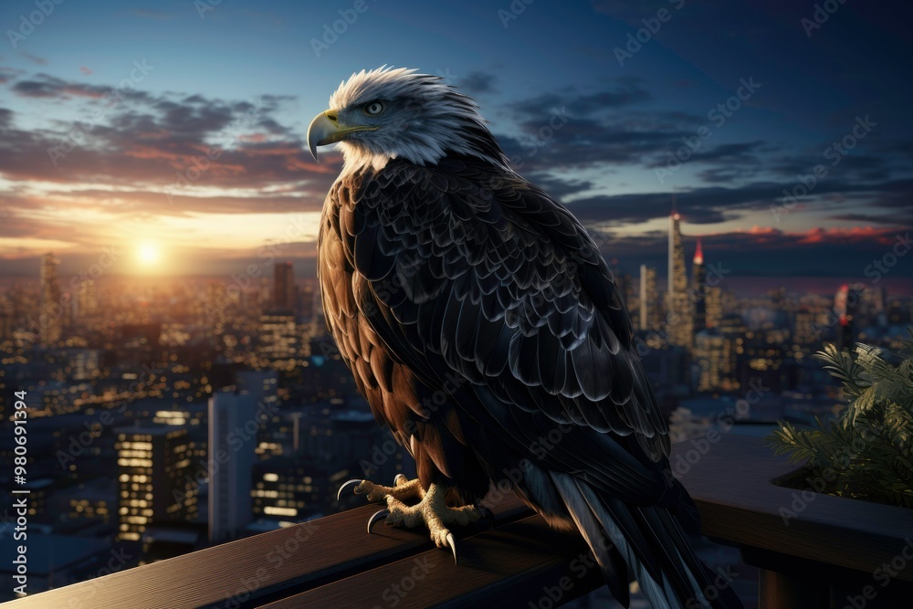 Fototapeta premium Professional Landscape Photos A majestic eagle with beautiful feathers and a dark tail, dancing flamenco on the rooftop, dazzling and colorful city views, as the sun rises and the lights twinkle below