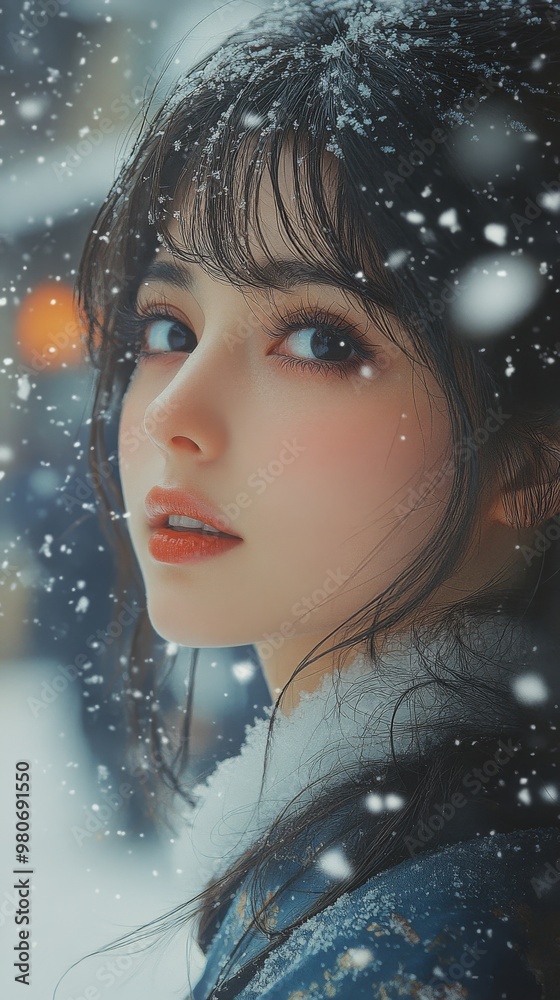 Young woman with dark hair stands in the snow, looking back, surrounded by falling snowflakes and soft lighting Young woman with dark hair stands in the snow, looking back, surrounded by falling snowflakes and soft lighting