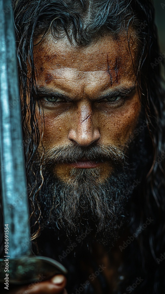 Man with an intense expression, long hair, a beard, battle scars, holding a sword, weathered face Man with an intense expression, long hair, a beard, battle scars, holding a sword, weathered face