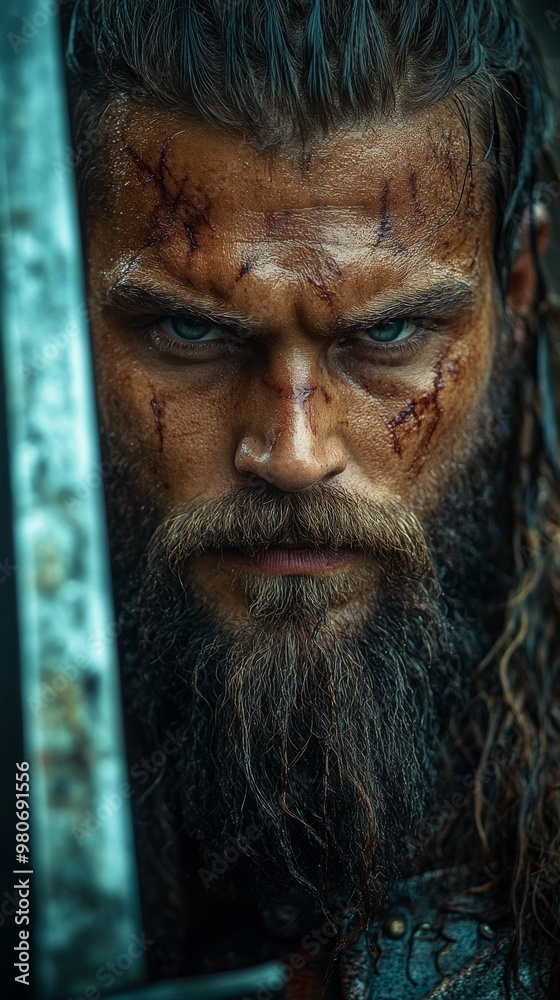 Fierce-looking man with a beard and scars, holding a sword, conveying a warrior-like appearance Fierce-looking man with a beard and scars, holding a sword, conveying a warrior-like appearance