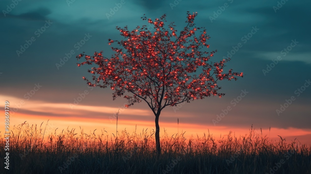 Obraz premium A solitary tree with glowing red blossoms against a twilight sky and tall grass.