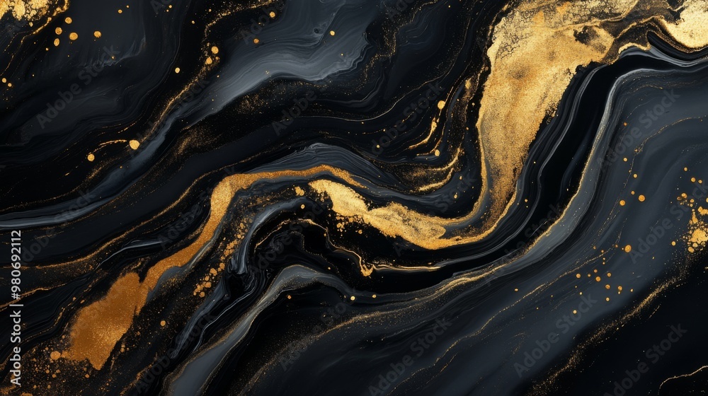Marble background with liquid waves and stains. Black and gold abstract art. Contemporary gold acrylic and oil painting background. Black marble with gold lines. Marble background with liquid waves and stains. Black and gold abstract art. Contemporary gold acrylic and oil painting background. Black marble with gold lines.