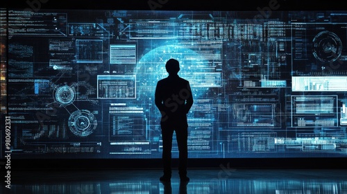 A silhouette of a person standing in front of a giant digital screen with a flow of data showing various cyber threats and vulnerabilities