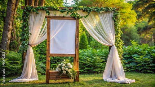 Rustic wooden frame surrounds a blank white poster perfectly placed against a lush green outdoor wedding backdrop with elegant draping and soft natural light.