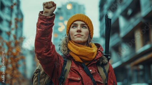 Woman in winter clothes raises her fist in a determined gesture, standing outdoors with a blurred urban background